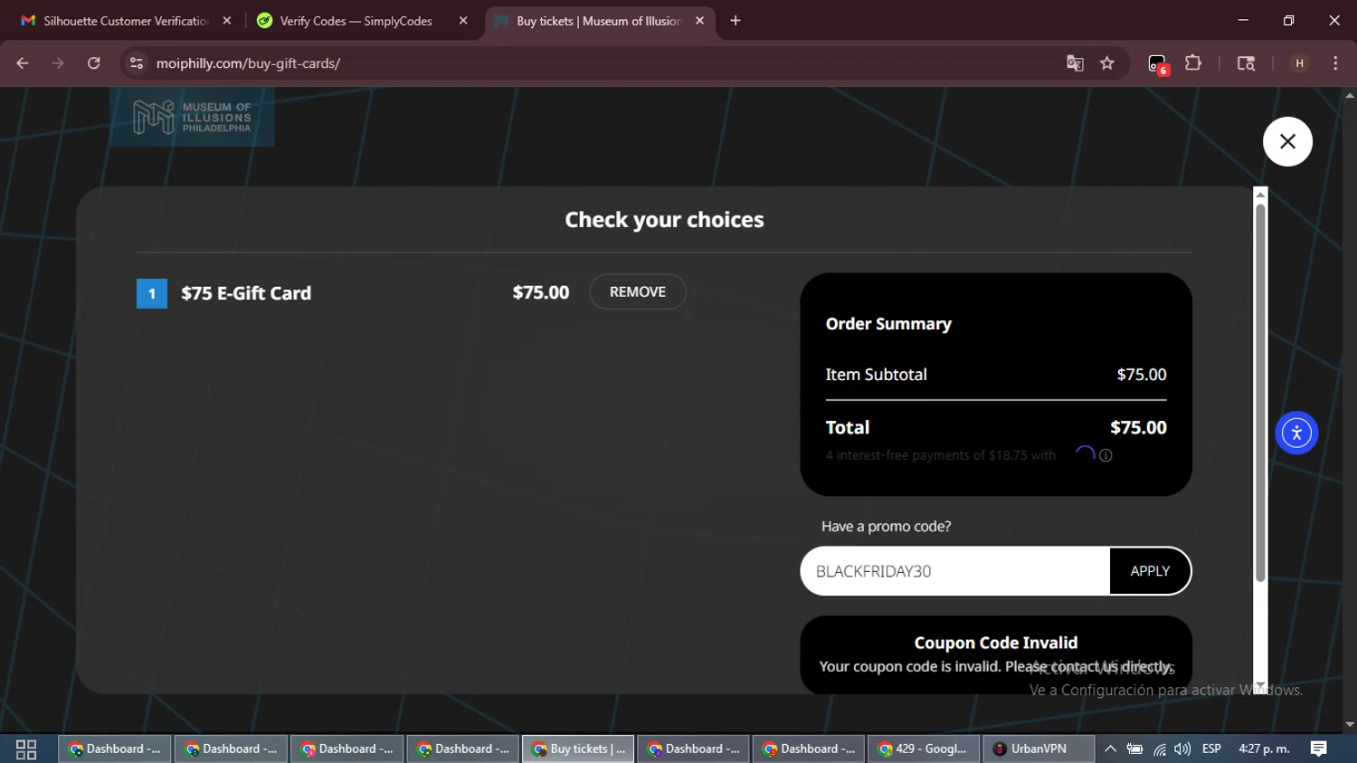 Museum of Illusions Philadelphia promo code screenshot showing code BLACKFRIDAY30 applied at Museum of Illusions Philadelphia checkout page. Uploaded by SimplyCodes community member VictoriousPioneer8823 on Dec 16, 2025