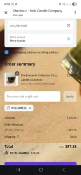 Welcome25 coupon verification screenshot