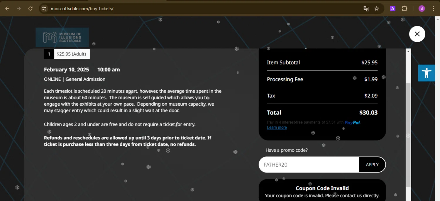 Museum of Illusions Scottsdale promo code screenshot showing code FATHER20 applied at Museum of Illusions Scottsdale checkout page. Uploaded by SimplyCodes community member PennyTiger4891 on Feb 10, 2025