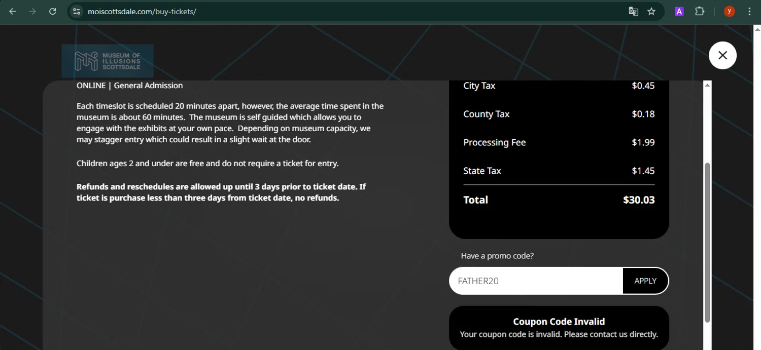 Museum of Illusions Scottsdale promo code screenshot showing code FATHER20 applied at Museum of Illusions Scottsdale checkout page. Uploaded by SimplyCodes community member CrownTiger7501 on Mar 19, 2025