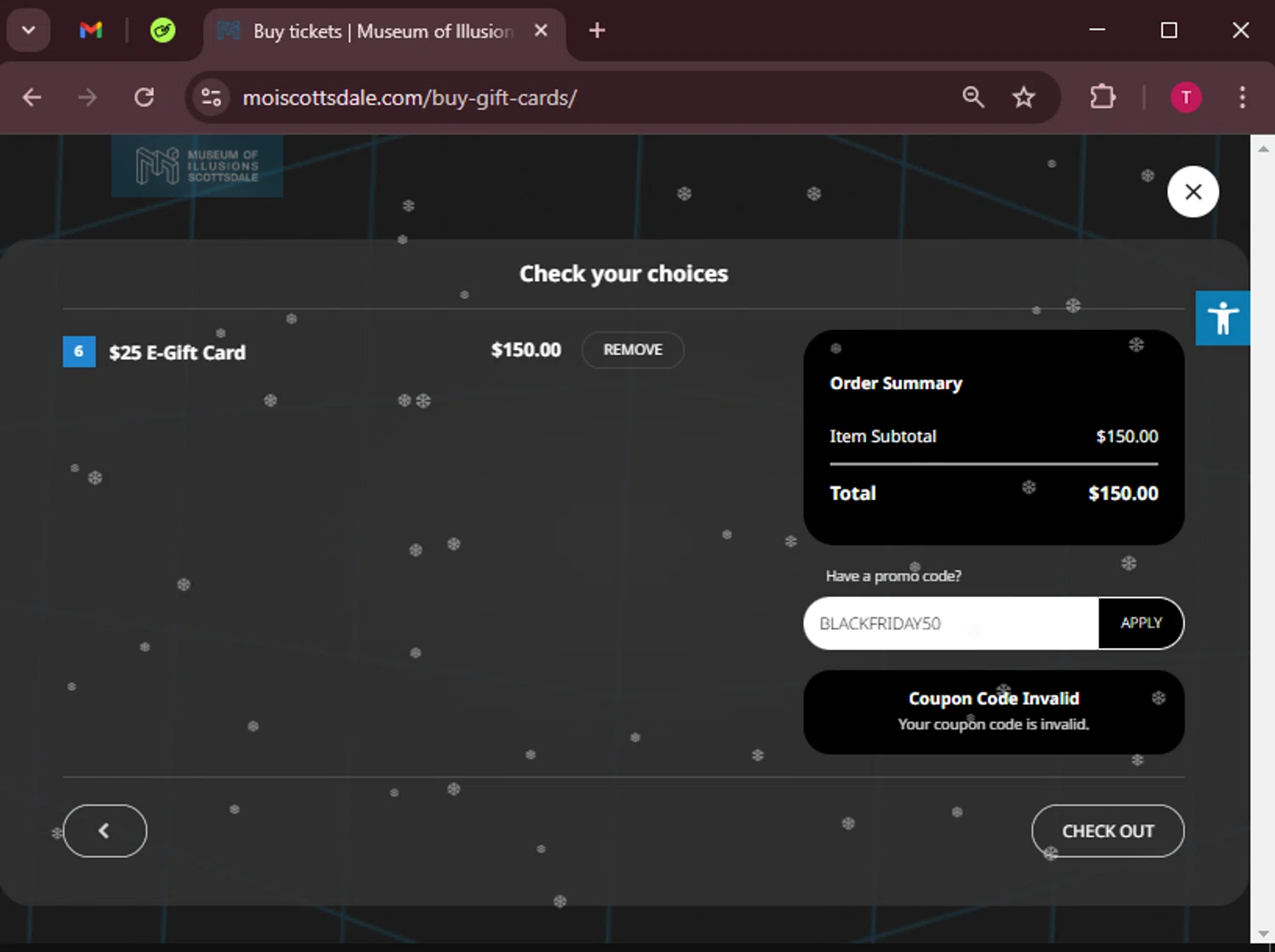 Museum of Illusions Scottsdale promo code screenshot showing code BLACKFRIDAY50 applied at Museum of Illusions Scottsdale checkout page. Uploaded by SimplyCodes community member WiseScout3498 on Feb 21, 2025
