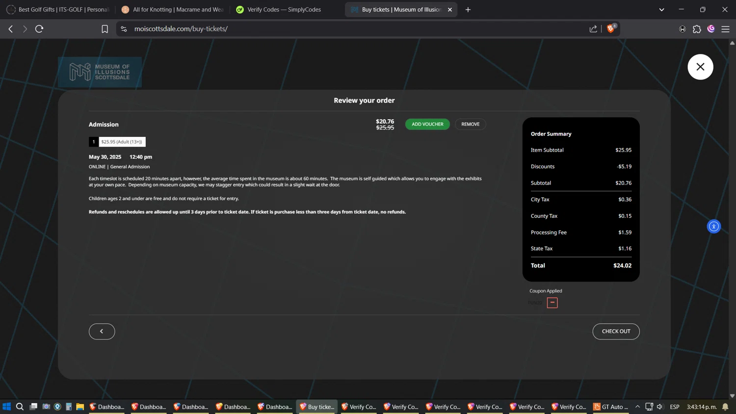 Museum of Illusions Scottsdale promo code screenshot showing code FUN20 applied at Museum of Illusions Scottsdale checkout page. Uploaded by SimplyCodes community member Phoenix on May 23, 2025