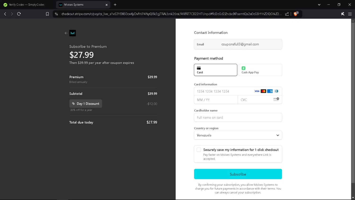 Moises checkout page showing Moises coupon code box | Screenshot taken by SimplyCodes community member on Oct 31, 2024