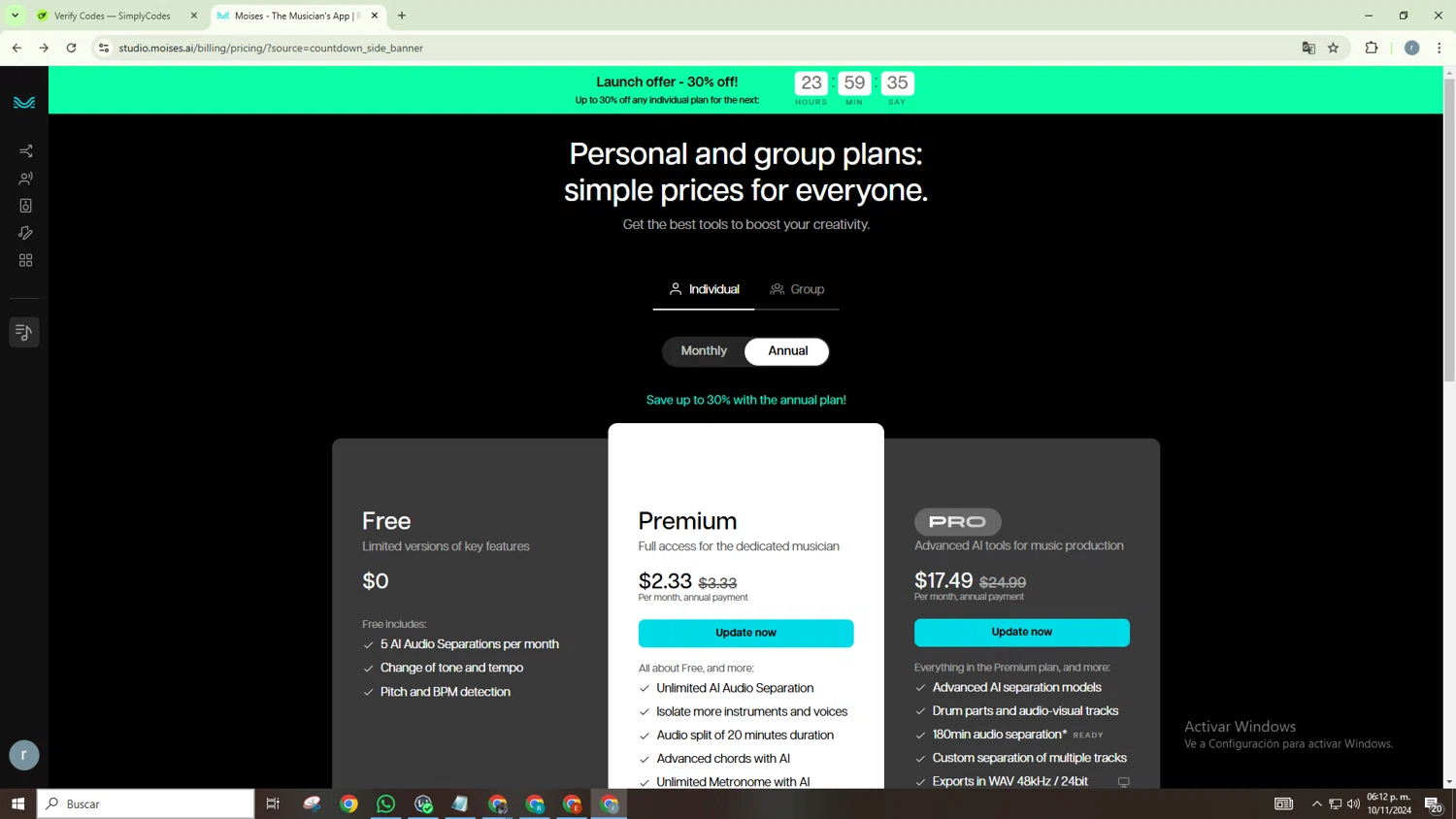 Moises checkout page showing Moises coupon code box | Screenshot taken by SimplyCodes community member on Nov 10, 2024
