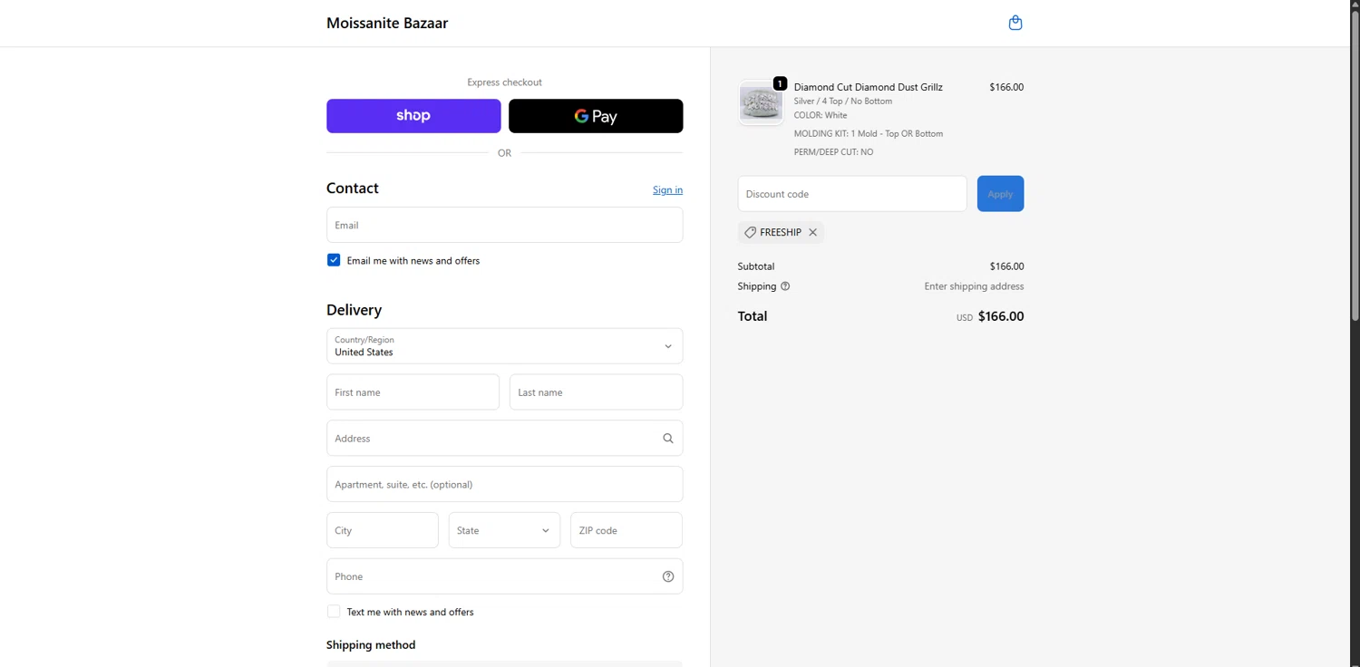 Moissanite Bazaar promo code screenshot showing code FREESHIP applied at Moissanite Bazaar checkout page. Uploaded by SimplyCodes community member CouponPro7532 on Nov 26, 2025