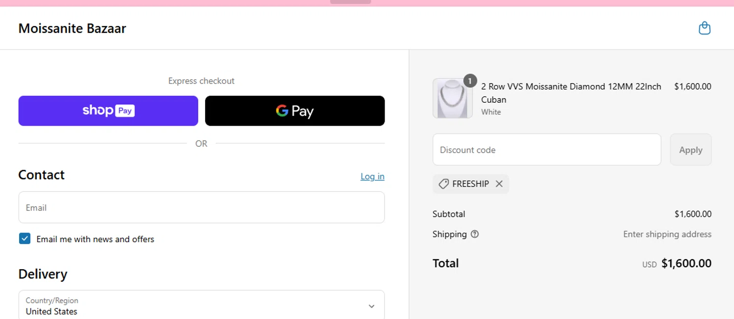 Moissanite Bazaar promo code screenshot showing code FREESHIP applied at Moissanite Bazaar checkout page. Uploaded by SimplyCodes community member aumentadax10 on May 29, 2025