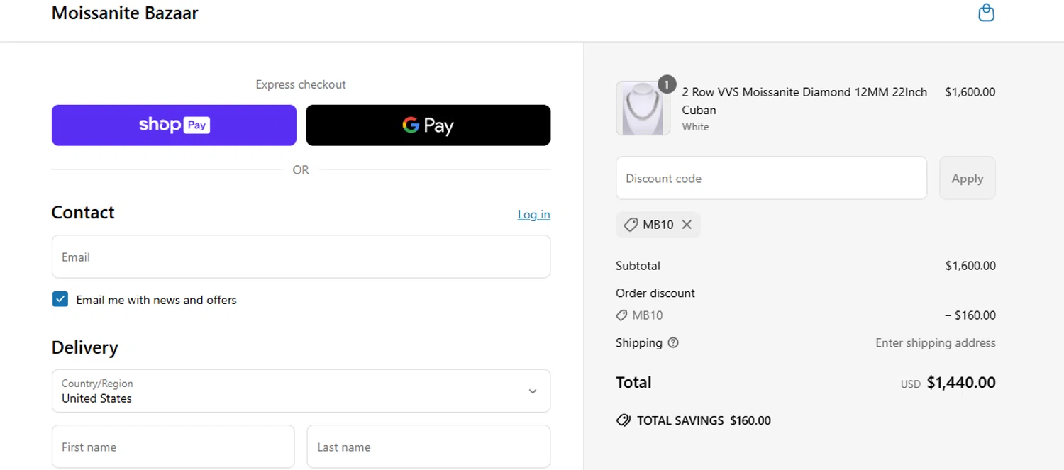 Moissanite Bazaar promo code screenshot showing code MB10 applied at Moissanite Bazaar checkout page. Uploaded by SimplyCodes community member aumentadax10 on May 29, 2025