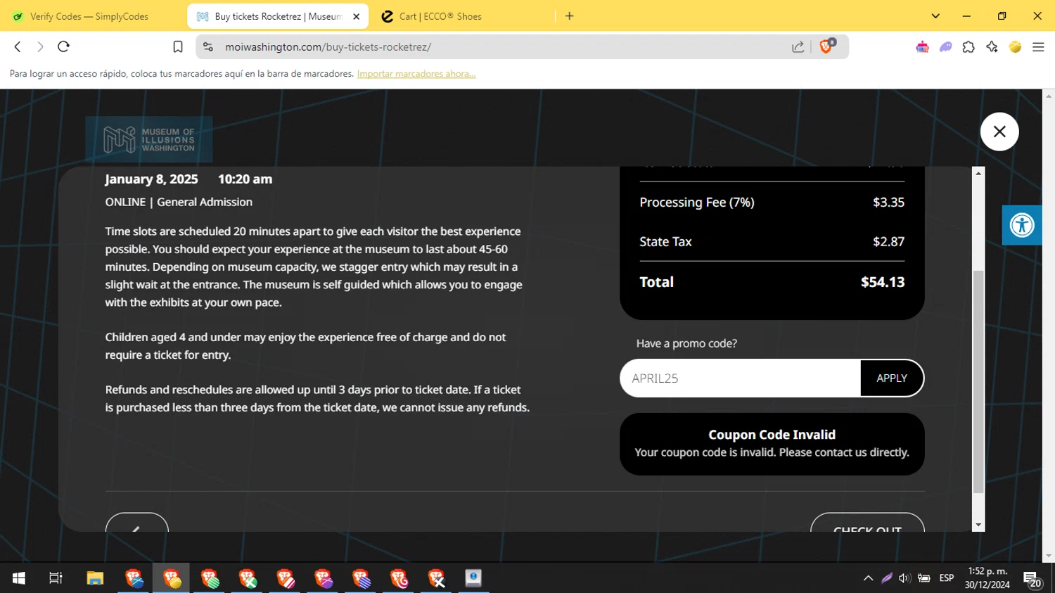 Museum of Illusions Washington promo code screenshot showing code APRIL25 applied at Museum of Illusions Washington checkout page. Uploaded by SimplyCodes community member popeyemalkovich on Dec 30, 2024