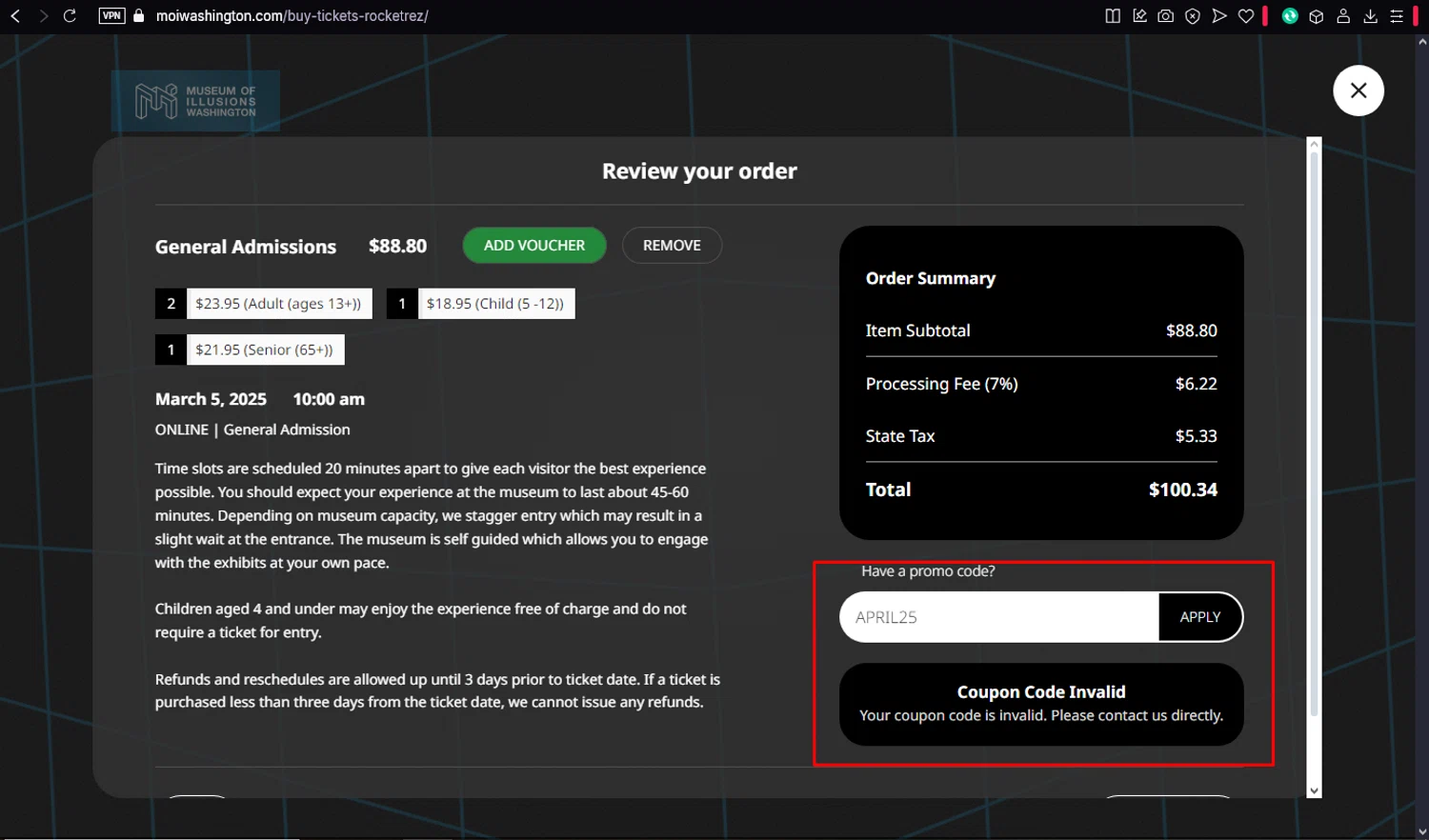 Museum of Illusions Washington promo code screenshot showing code APRIL25 applied at Museum of Illusions Washington checkout page. Uploaded by SimplyCodes community member ronaldacunajr13 on Mar 5, 2025