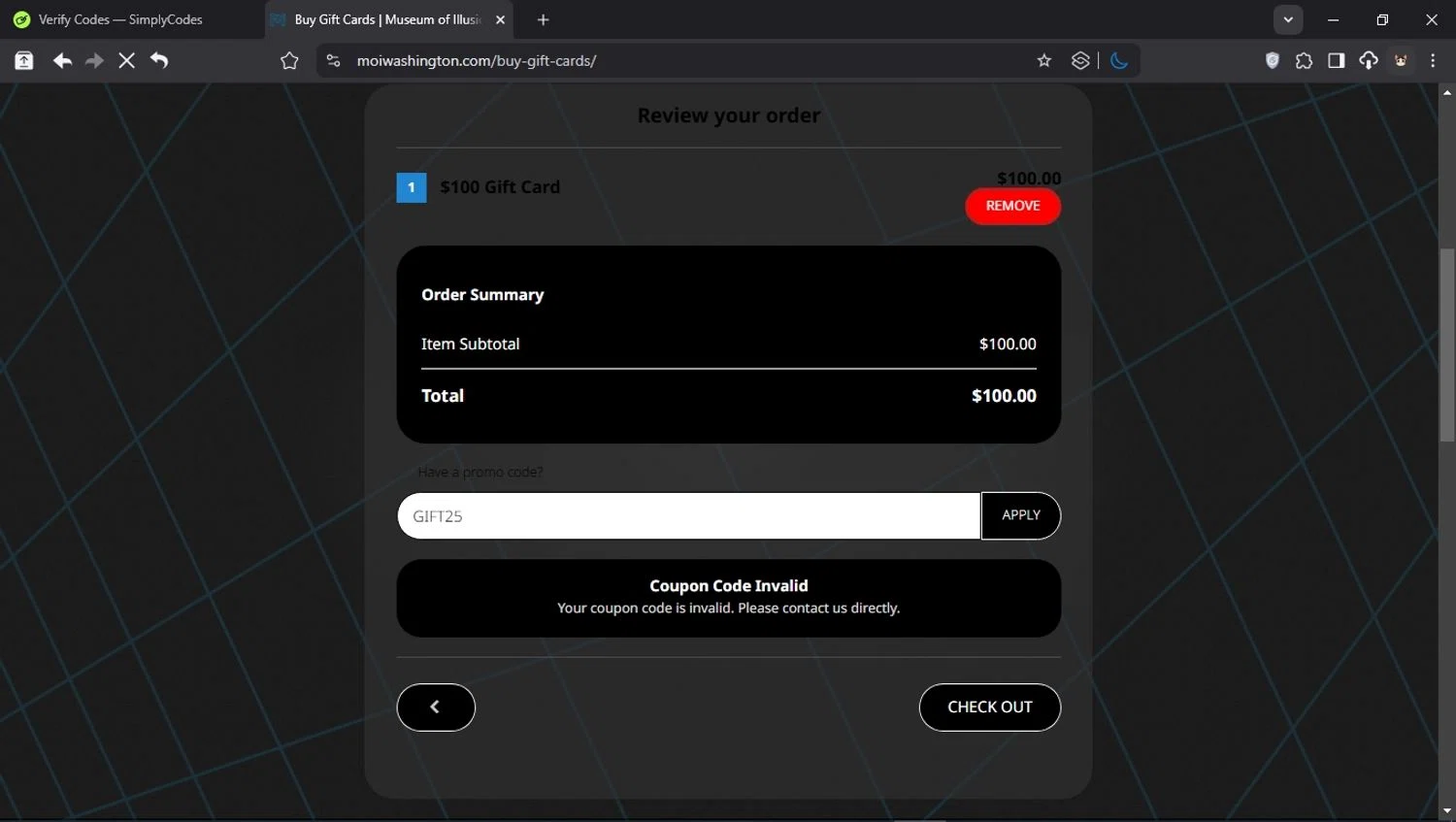 Museum of Illusions Washington promo code screenshot showing code GIFT25 applied at Museum of Illusions Washington checkout page. Uploaded by SimplyCodes community member ValiantHunter5929 on Mar 1, 2025