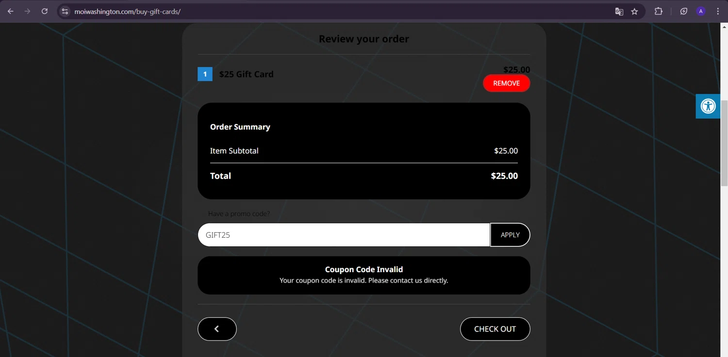 Museum of Illusions Washington promo code screenshot showing code GIFT25 applied at Museum of Illusions Washington checkout page. Uploaded by SimplyCodes community member PromoExpert5262 on Dec 30, 2024