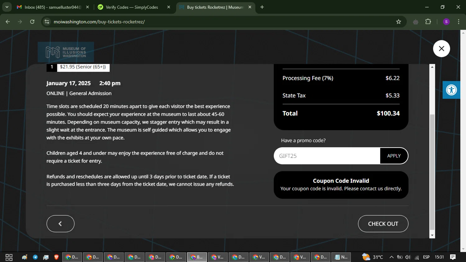 Museum of Illusions Washington promo code screenshot showing code GIFT25 applied at Museum of Illusions Washington checkout page. Uploaded by SimplyCodes community member ShieldWarden7838 on Jan 17, 2025