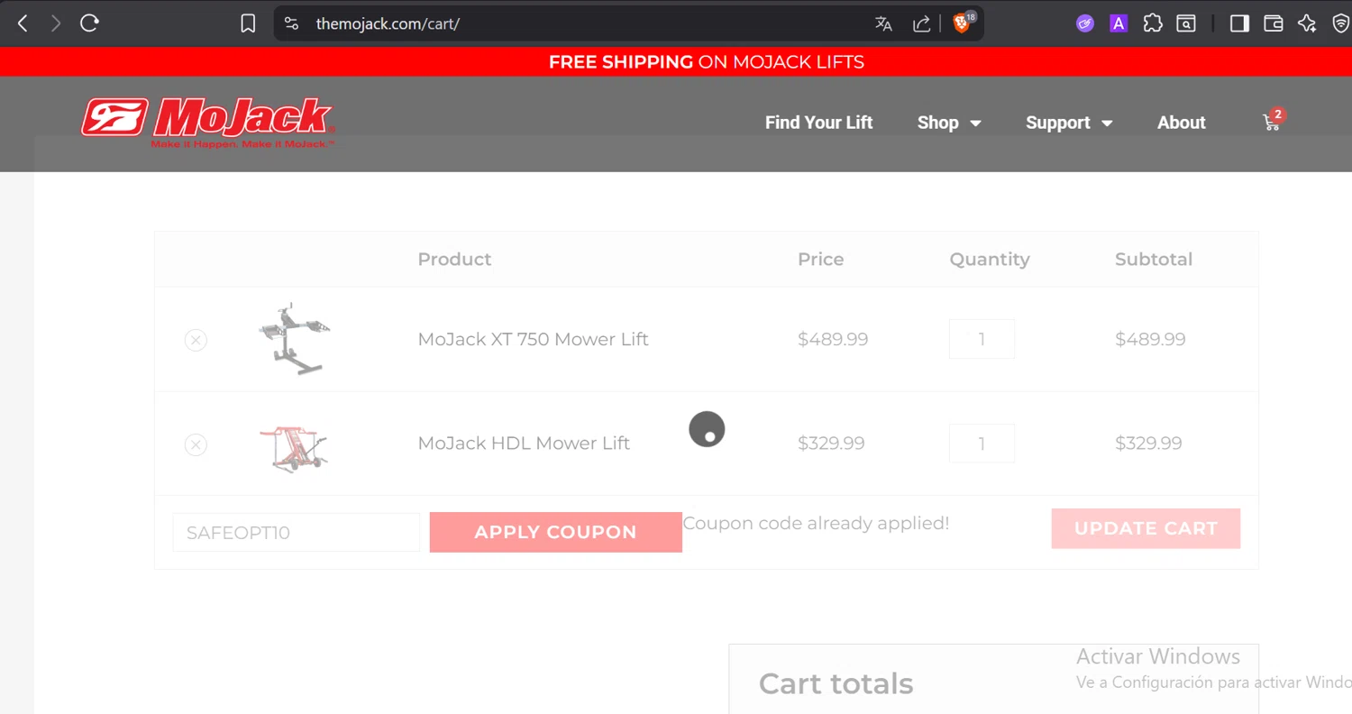 MoJack promo code screenshot showing code SAFEOPT10 applied at MoJack checkout page. Uploaded by SimplyCodes community member CashElite5536 on Dec 8, 2025