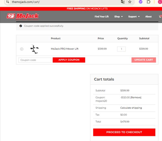 MoJack checkout page showing MoJack coupon code box | Screenshot taken by SimplyCodes community member on Jun 20, 2025
