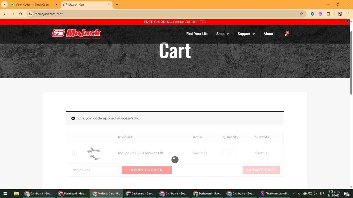 MoJack promo code screenshot showing code mojack20 applied at MoJack checkout page. Uploaded by SimplyCodes community member Vanmanuel on Dec 8, 2025