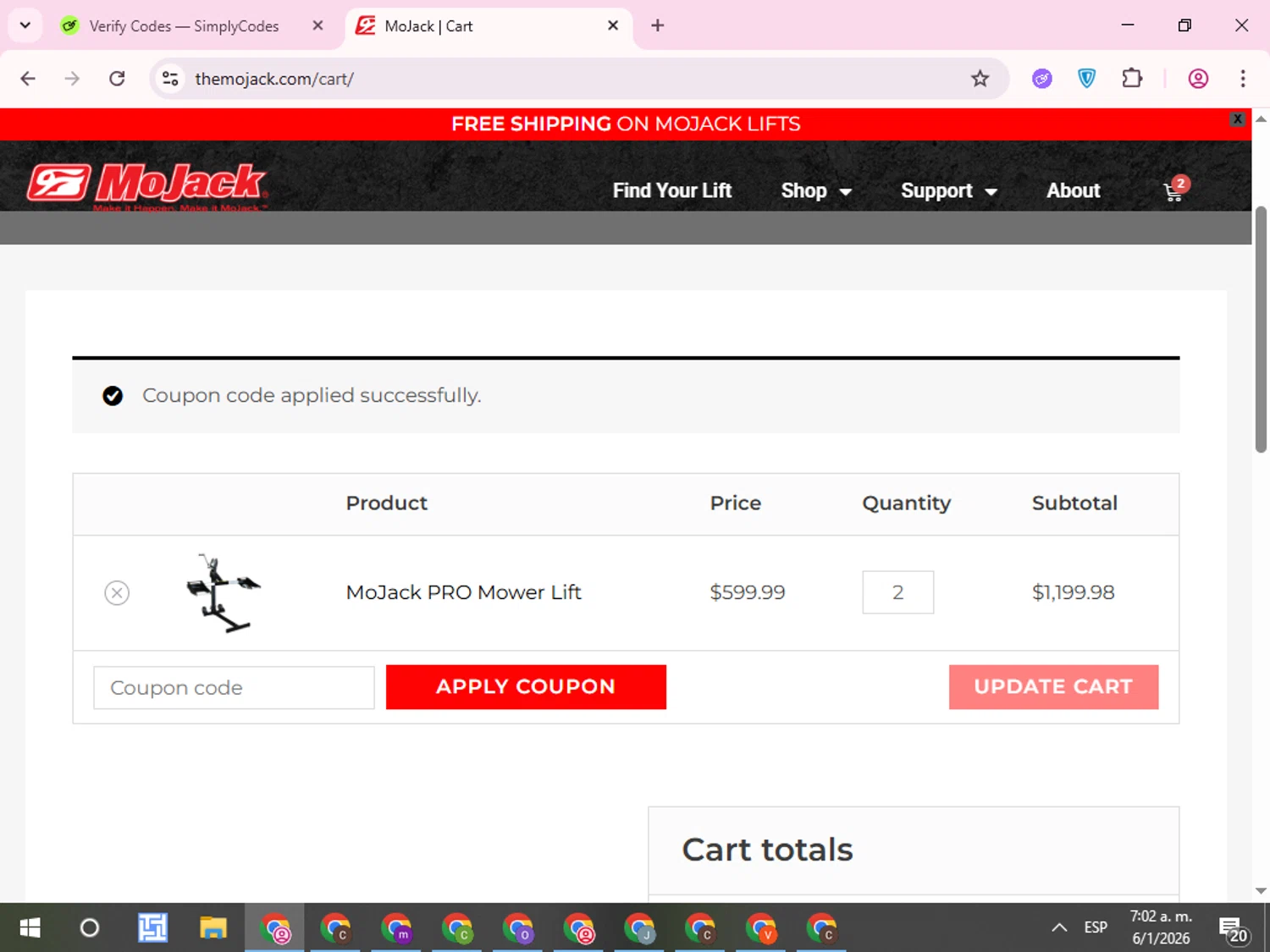 MoJack promo code screenshot showing code checkout10 applied at MoJack checkout page. Uploaded by SimplyCodes community member QuestCurator1644 on Jan 6, 2026