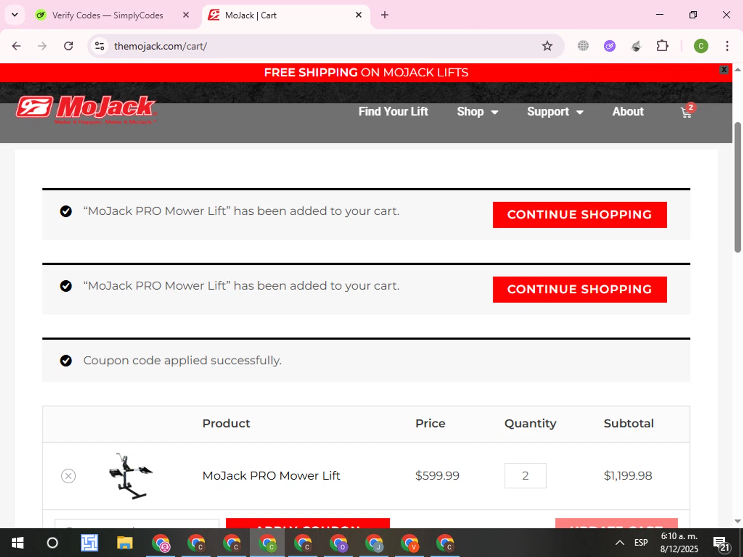 MoJack promo code screenshot showing code checkout10 applied at MoJack checkout page. Uploaded by SimplyCodes community member RoyalKnight4673 on Dec 8, 2025