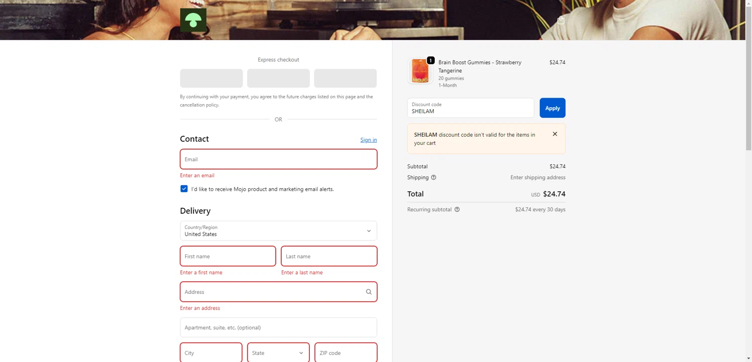 Mojo discount code screenshot showing code SHEILAM applied at Mojo checkout page. Uploaded by SimplyCodes community member CrownTiger6508 on Oct 27, 2025