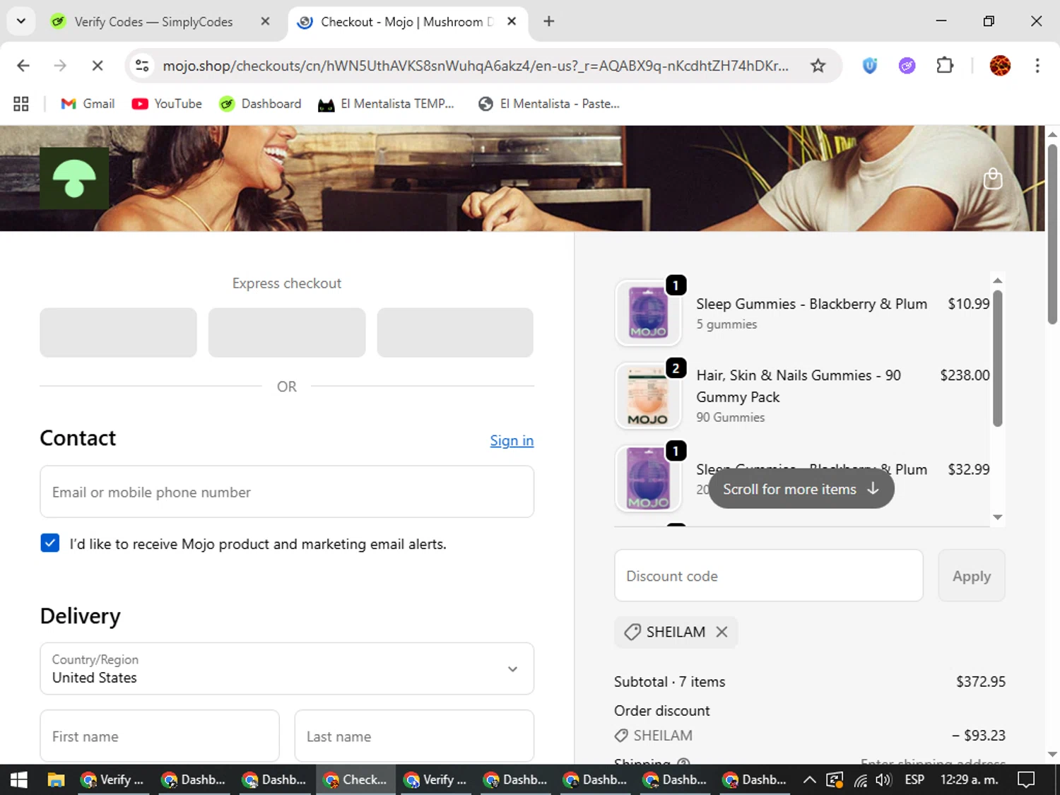 Mojo discount code screenshot showing code SHEILAM applied at Mojo checkout page. Uploaded by SimplyCodes community member Rodolfo on Nov 20, 2025