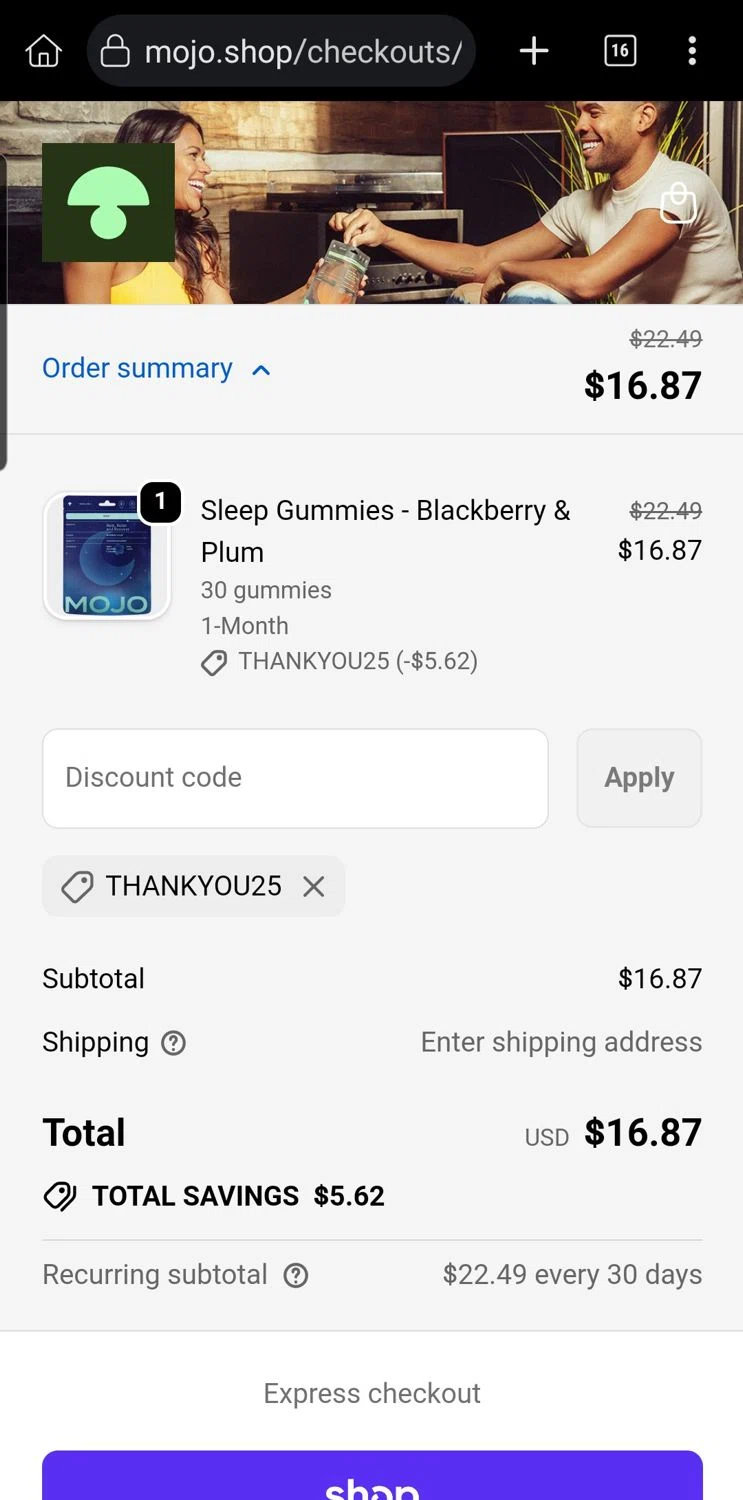 Mojo discount code screenshot showing code THANKYOU25 applied at Mojo checkout page. Uploaded by SimplyCodes community member Carloslvz on Sep 21, 2025