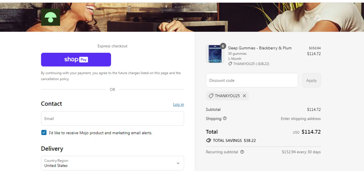 Mojo discount code screenshot showing code THANKYOU25 applied at Mojo checkout page. Uploaded by SimplyCodes community member obito1234 on Jul 31, 2025
