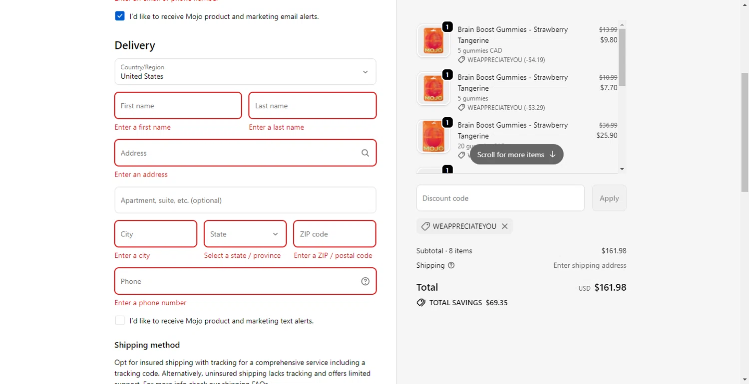 Mojo discount code screenshot showing code WEAPPRECIATEYOU applied at Mojo checkout page. Uploaded by SimplyCodes community member CodeTitan6120 on Oct 20, 2025