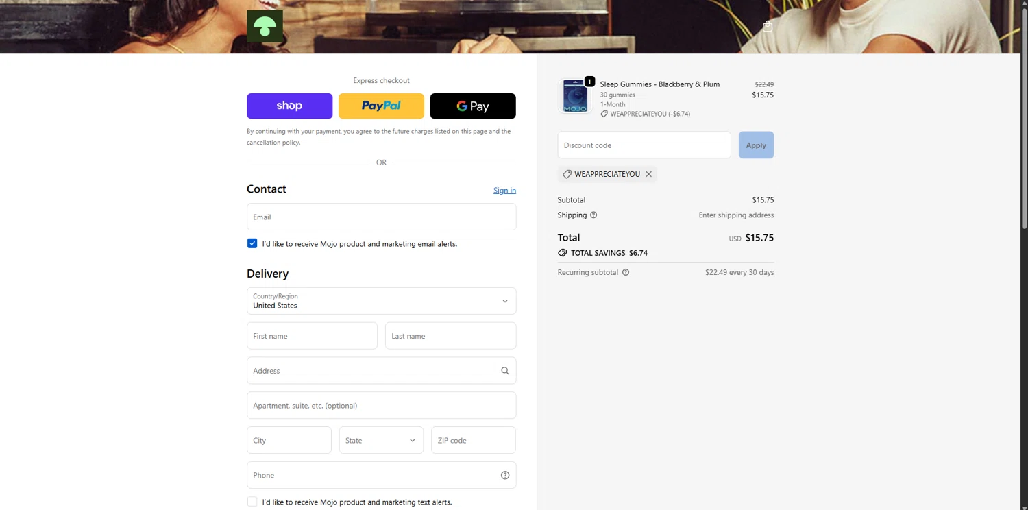 Mojo discount code screenshot showing code WEAPPRECIATEYOU applied at Mojo checkout page. Uploaded by SimplyCodes community member SavvyLynx6076 on Oct 3, 2025