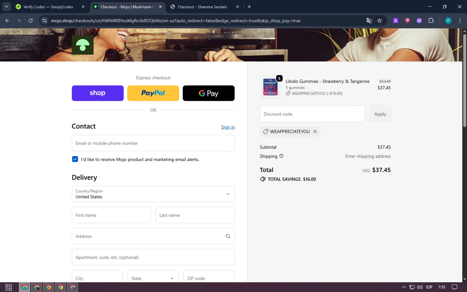 Mojo discount code screenshot showing code WEAPPRECIATEYOU applied at Mojo checkout page. Uploaded by SimplyCodes community member WonderExpert4236 on Oct 23, 2025
