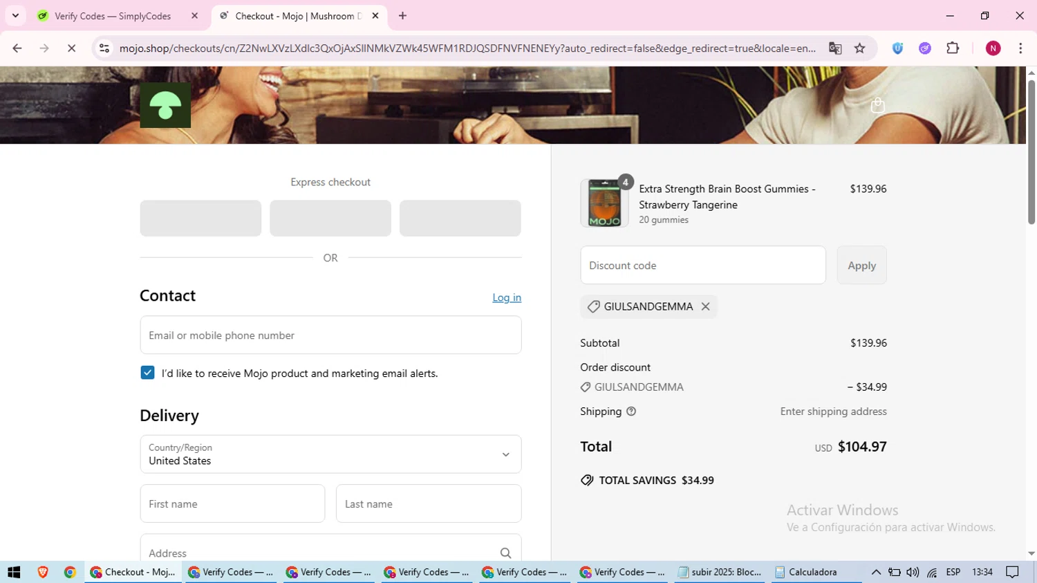 Mojo discount code screenshot showing code GIULSANDGEMMA applied at Mojo checkout page. Uploaded by SimplyCodes community member CoinWizard8578 on Jun 25, 2025