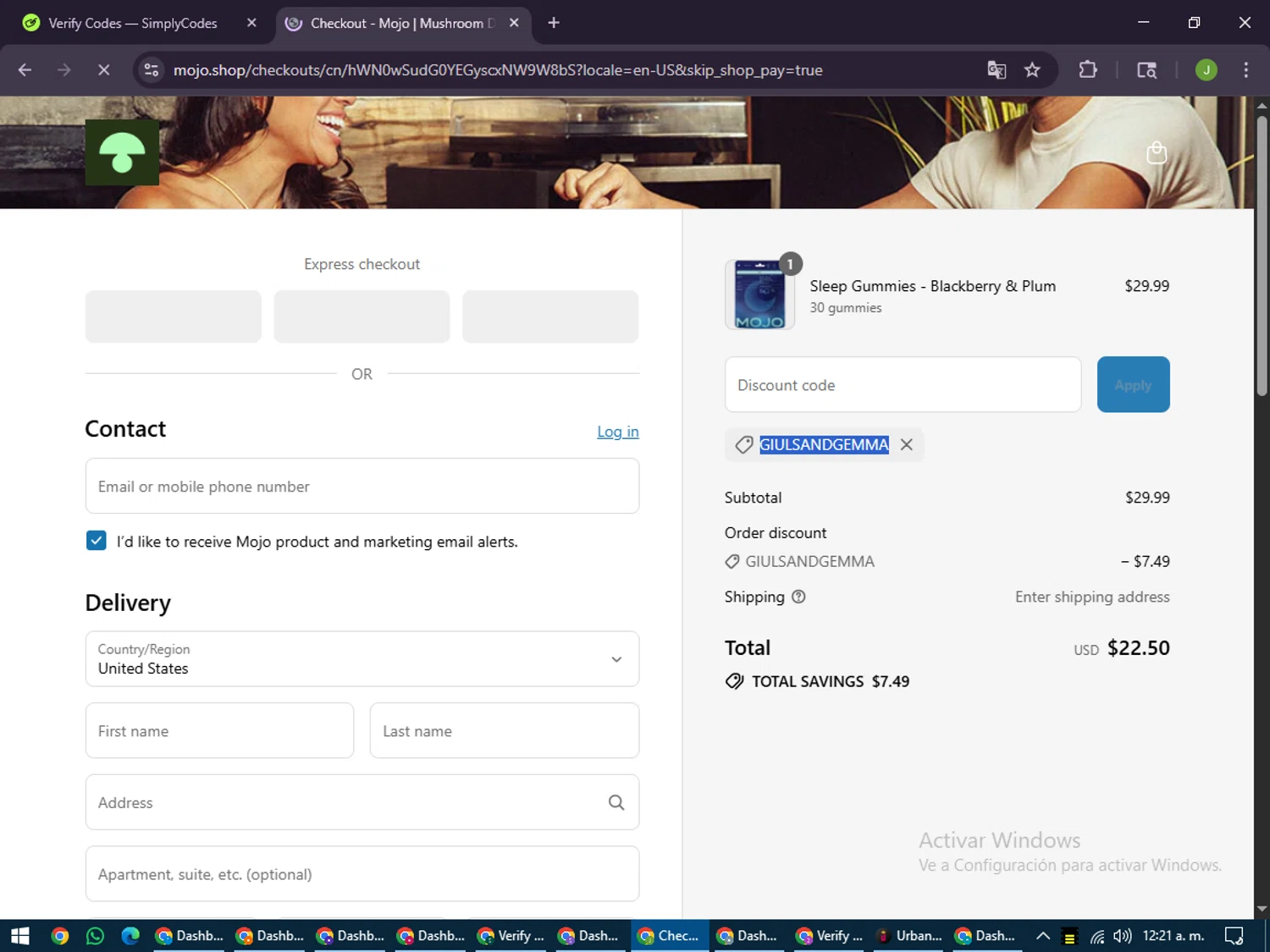 Mojo discount code screenshot showing code GIULSANDGEMMA applied at Mojo checkout page. Uploaded by SimplyCodes community member LilBaby on Jul 23, 2025