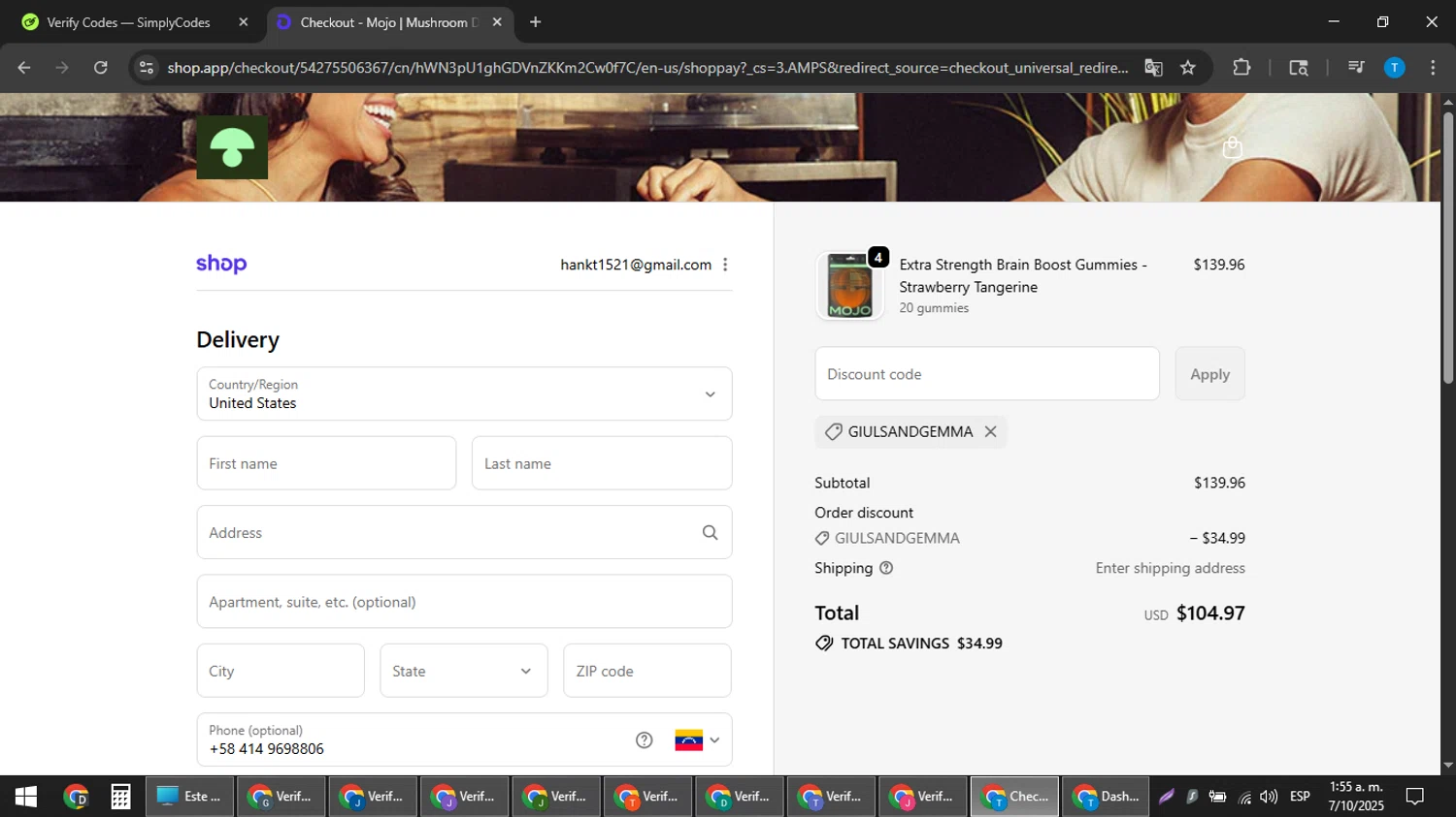 Mojo discount code screenshot showing code GIULSANDGEMMA applied at Mojo checkout page. Uploaded by SimplyCodes community member hankt1521 on Oct 7, 2025