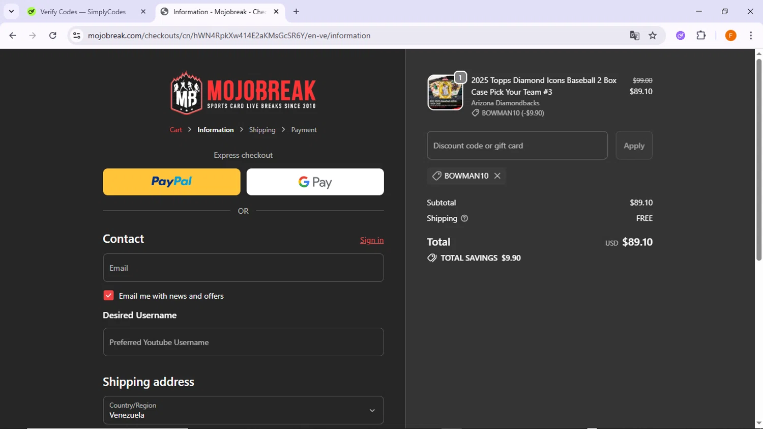 Mojobreak discount code screenshot showing code BOWMAN10 applied at Mojobreak checkout page. Uploaded by SimplyCodes community member TreasureSleuth5198 on Oct 23, 2025