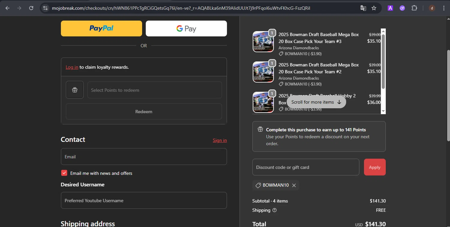 Mojobreak checkout page showing Mojobreak discount code box | Screenshot taken by SimplyCodes community member on Jan 27, 2026