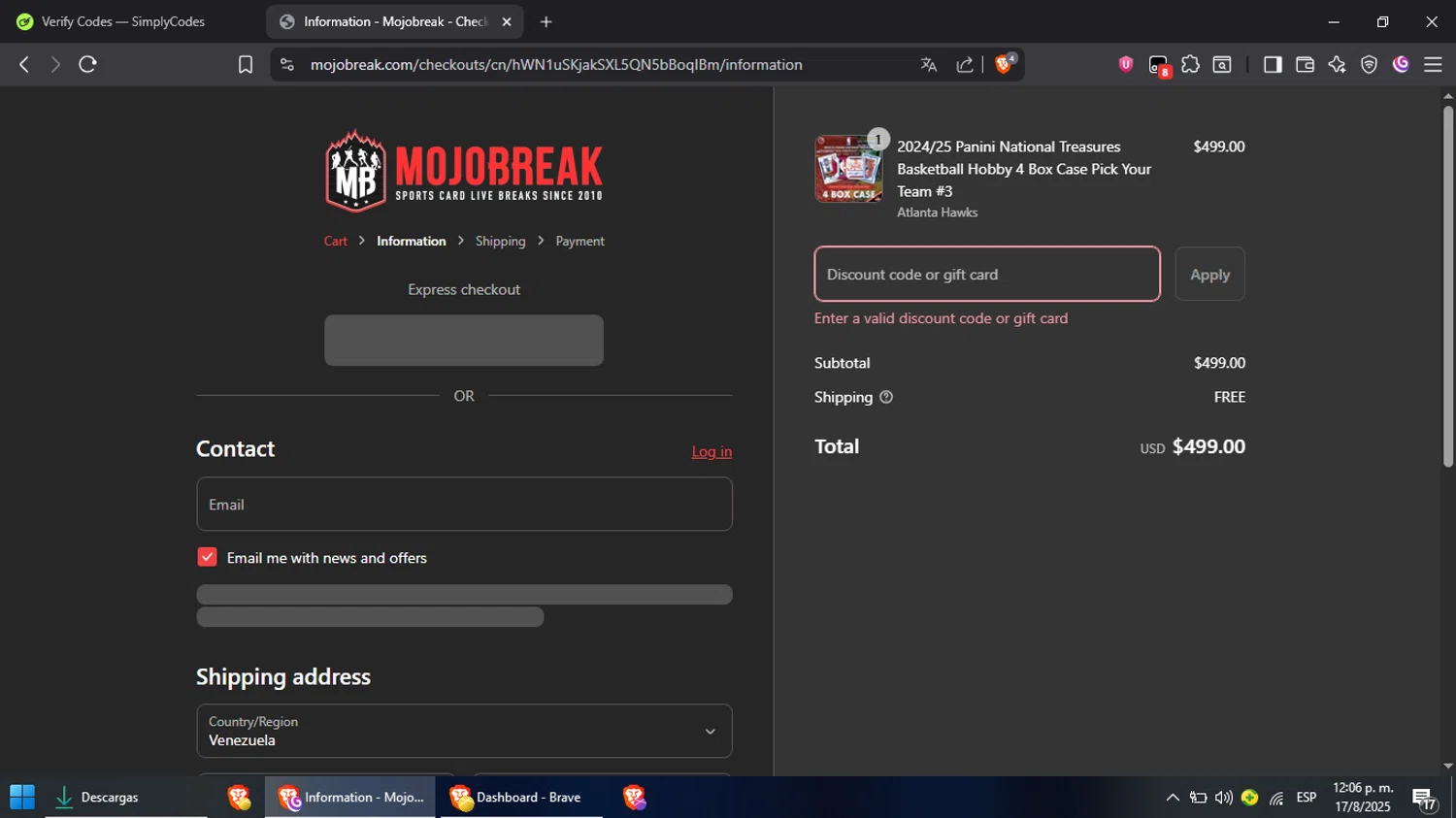 Mojobreak discount code screenshot showing code NEWMOJO20 applied at Mojobreak checkout page. Uploaded by SimplyCodes community member RebateRanger5627 on Aug 17, 2025