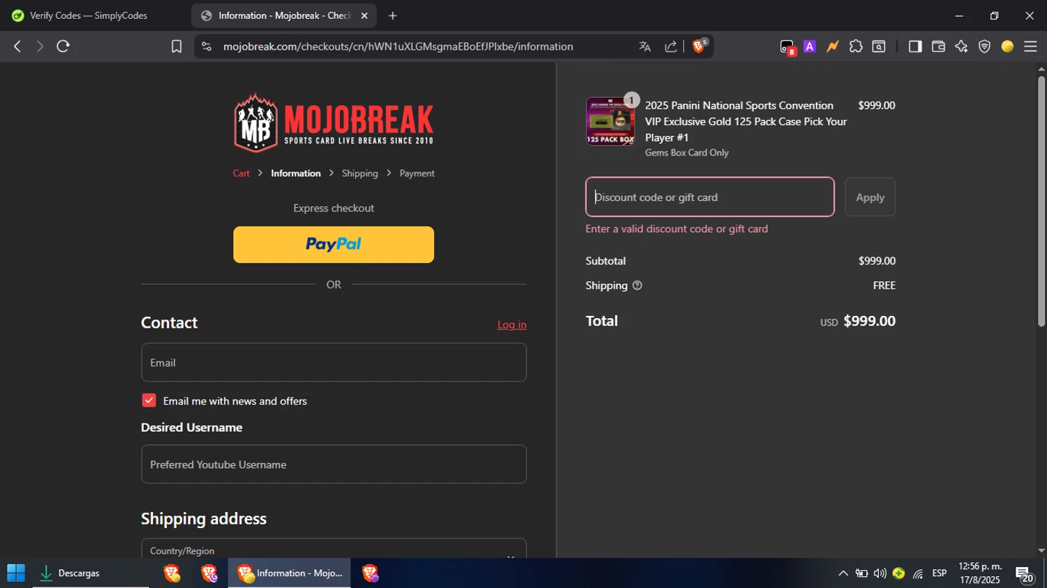 Mojobreak discount code screenshot showing code NEWMOJO20 applied at Mojobreak checkout page. Uploaded by SimplyCodes community member ScanVoyager3538 on Aug 17, 2025