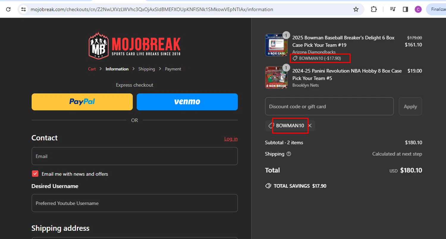 Mojobreak discount code screenshot showing code BOWMAN10 applied at Mojobreak checkout page. Uploaded by SimplyCodes community member nileskamarcano on May 27, 2025