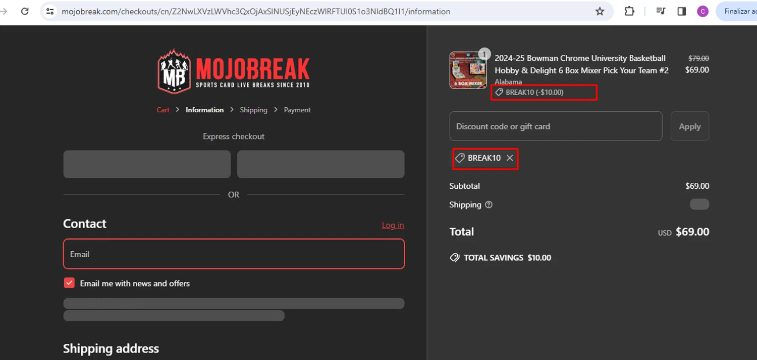 Mojobreak discount code screenshot showing code BREAK10 applied at Mojobreak checkout page. Uploaded by SimplyCodes community member nileskamarcano on Apr 27, 2025
