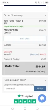 Lenses20 coupon verification screenshot