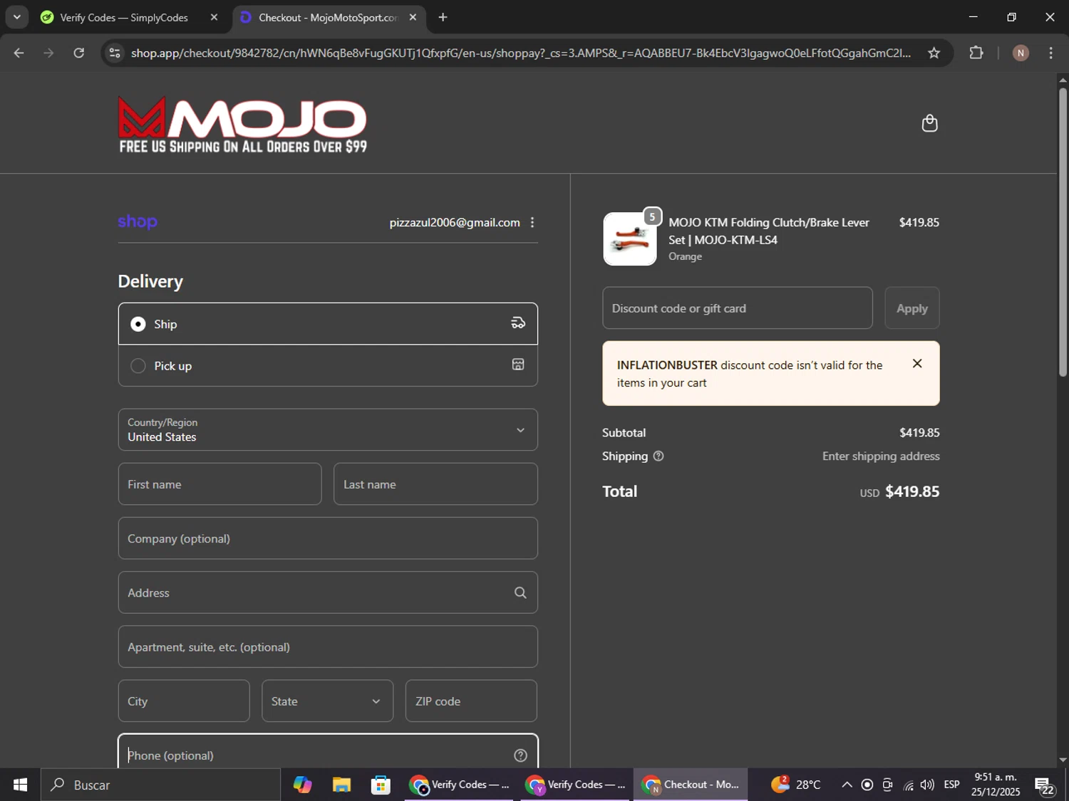 MojoMotoSport.com promo code screenshot showing code INFLATIONBUSTER applied at MojoMotoSport.com checkout page. Uploaded by SimplyCodes community member DiscountPioneer2554 on Dec 25, 2025