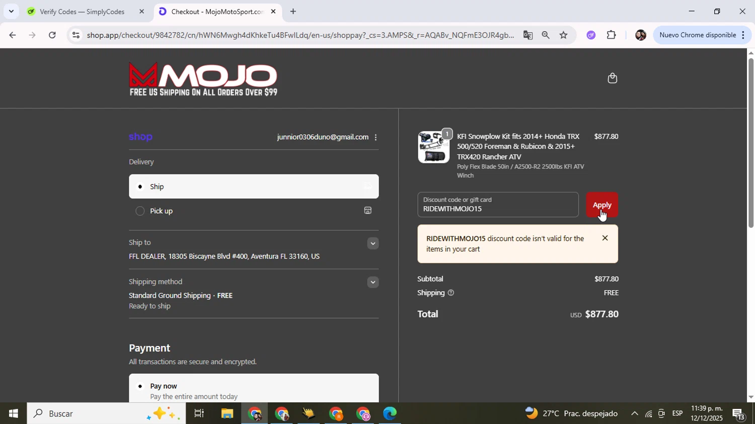 MojoMotoSport.com promo code screenshot showing code RIDEWITHMOJO15 applied at MojoMotoSport.com checkout page. Uploaded by SimplyCodes community member Junniorduno on Dec 13, 2025