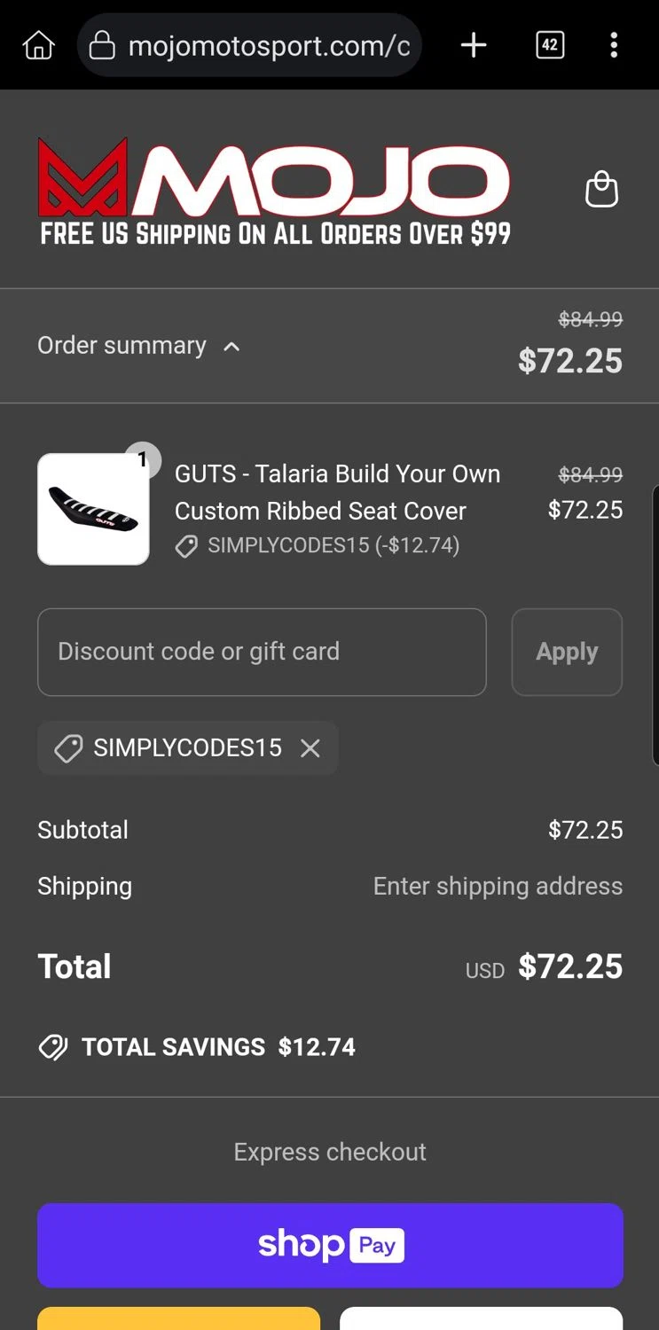 MojoMotoSport.com promo code screenshot showing code SIMPLYCODES15 applied at MojoMotoSport.com checkout page. Uploaded by SimplyCodes community member Carloslvz on Apr 23, 2025