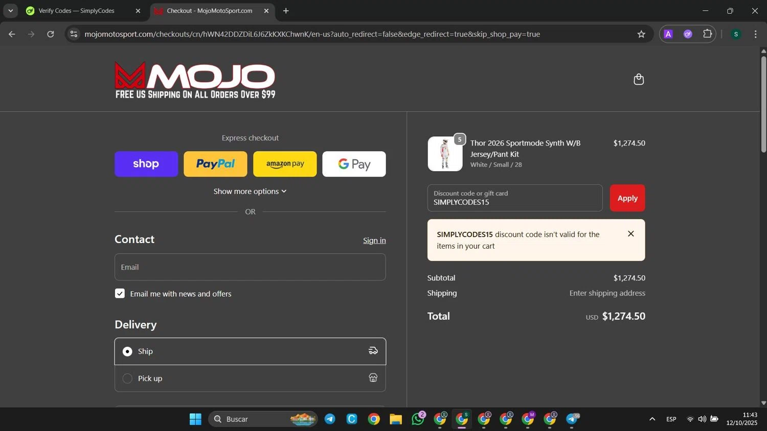 MojoMotoSport.com promo code screenshot showing code SIMPLYCODES15 applied at MojoMotoSport.com checkout page. Uploaded by SimplyCodes community member SaleHunter9008 on Oct 12, 2025