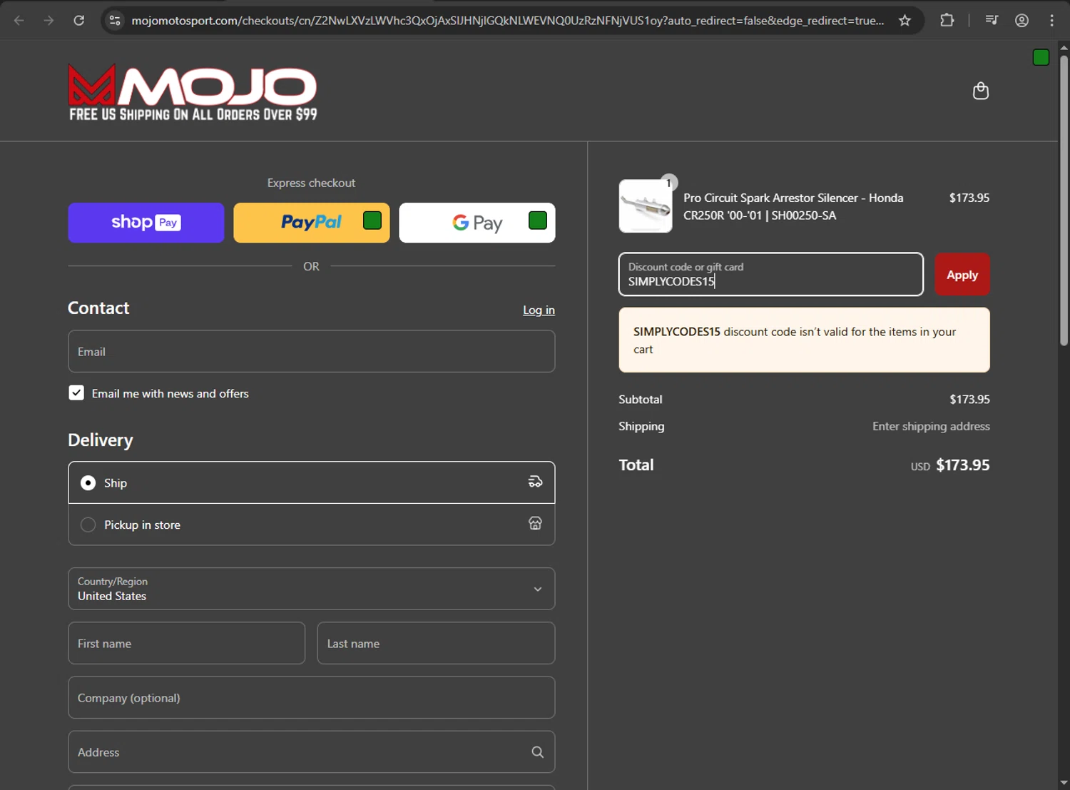 MojoMotoSport.com promo code screenshot showing code SIMPLYCODES15 applied at MojoMotoSport.com checkout page. Uploaded by SimplyCodes community member kaiserser on Apr 10, 2025