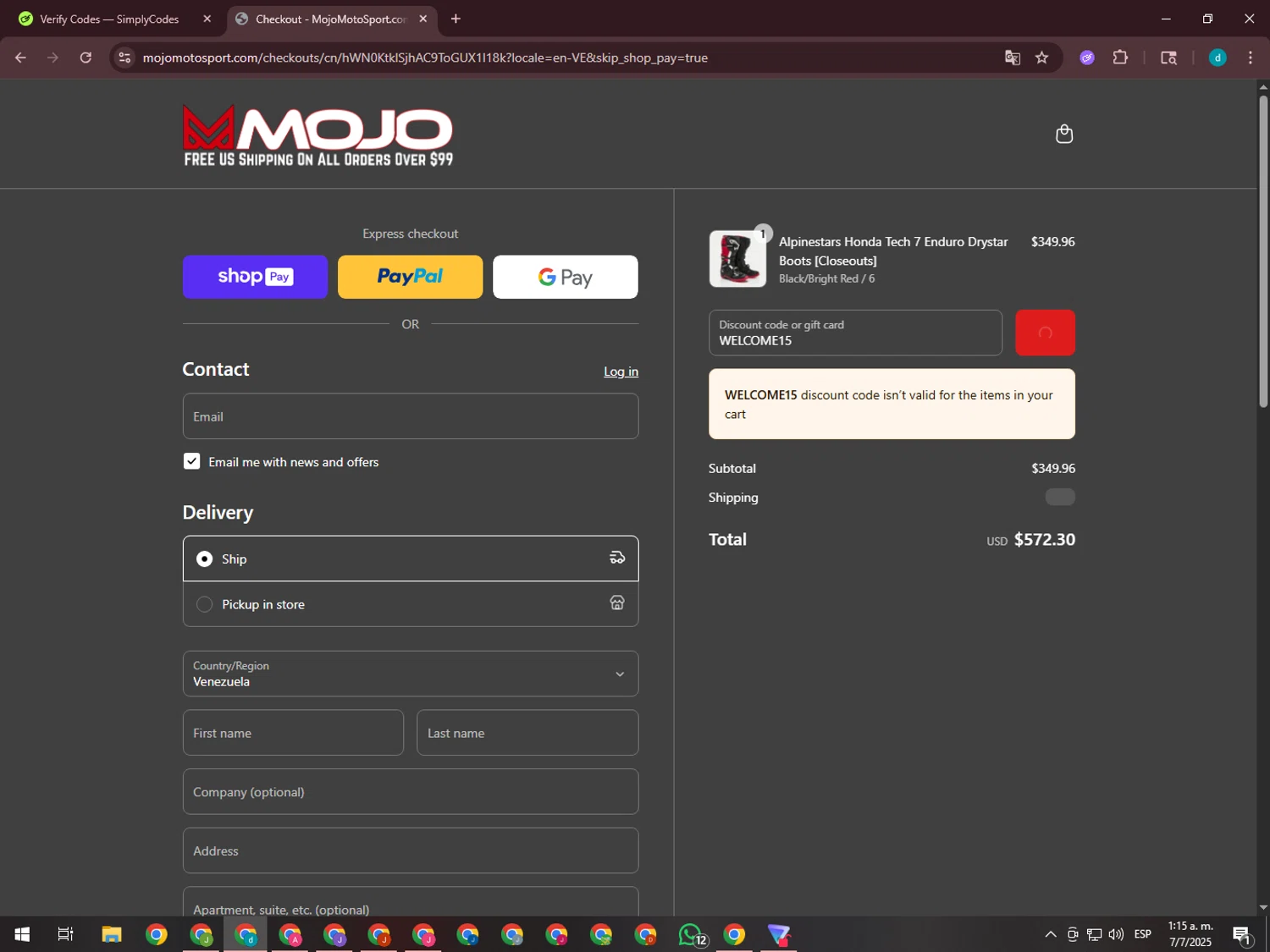 MojoMotoSport.com promo code screenshot showing code WELCOME15 applied at MojoMotoSport.com checkout page. Uploaded by SimplyCodes community member GloriousTiger3507 on Jul 7, 2025