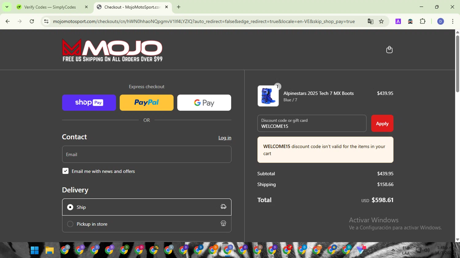 MojoMotoSport.com promo code screenshot showing code WELCOME15 applied at MojoMotoSport.com checkout page. Uploaded by SimplyCodes community member VoucherTitan8325 on Jul 16, 2025