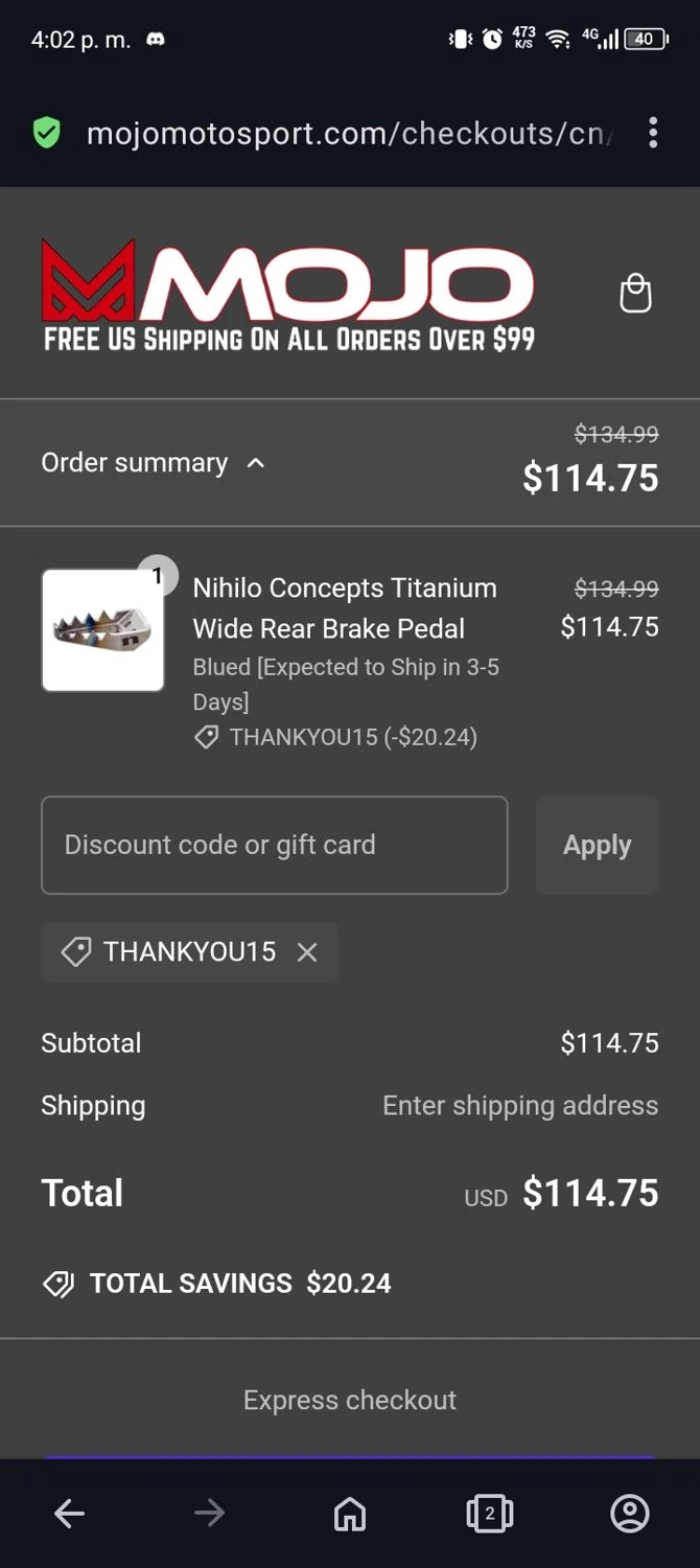 MojoMotoSport.com promo code screenshot showing code THANKYOU15 applied at MojoMotoSport.com checkout page. Uploaded by SimplyCodes community member hollowknight on Jan 16, 2025