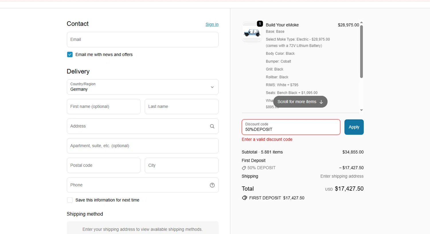 Moke America promo code screenshot showing code 50%DEPOSIT applied at Moke America checkout page. Uploaded by SimplyCodes community member PennyMaverick730 on Apr 7, 2026