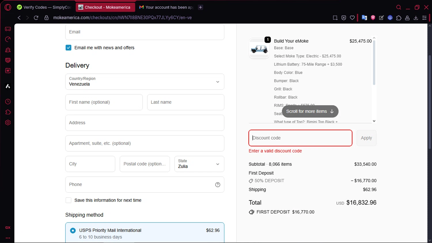 Moke America promo code screenshot showing code 50%DEPOSIT applied at Moke America checkout page. Uploaded by SimplyCodes community member TOLUENO on Jan 18, 2026
