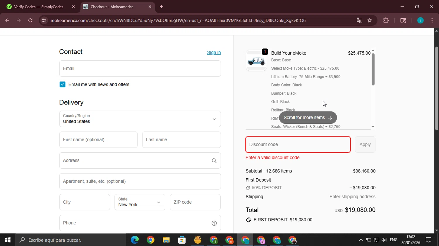 Moke America promo code screenshot showing code 50%DEPOSIT applied at Moke America checkout page. Uploaded by SimplyCodes community member juanjo2 on Jan 30, 2026