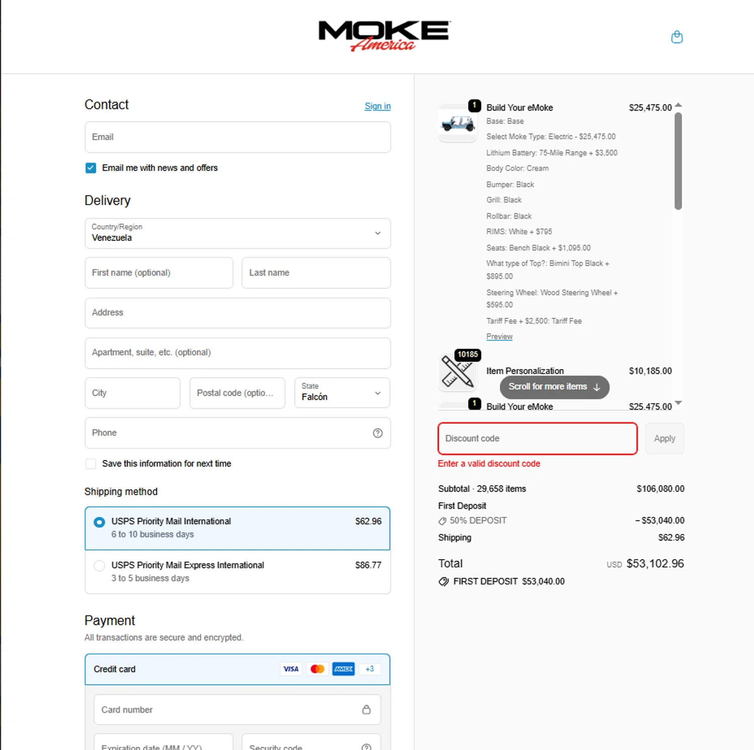 Moke America promo code screenshot showing code 50%DEPOSIT applied at Moke America checkout page. Uploaded by SimplyCodes community member reggiesmith on Jan 18, 2026